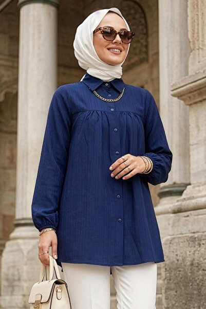 N.S NEVA STYLE Buttoned Navy Blue Hijab Tunic 5377L