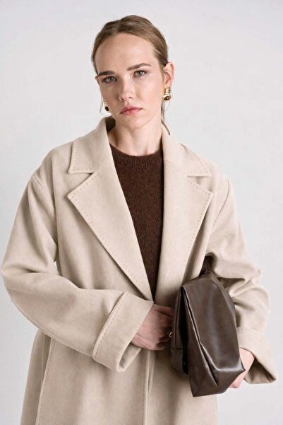 Nauve Prive Taş Rengi Klasik Belden Bağlamalı Kaban