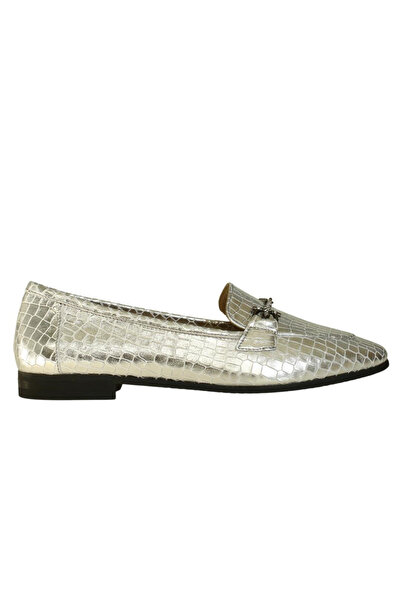 Platin Silver Leather Buckled Women's Ballet Flats