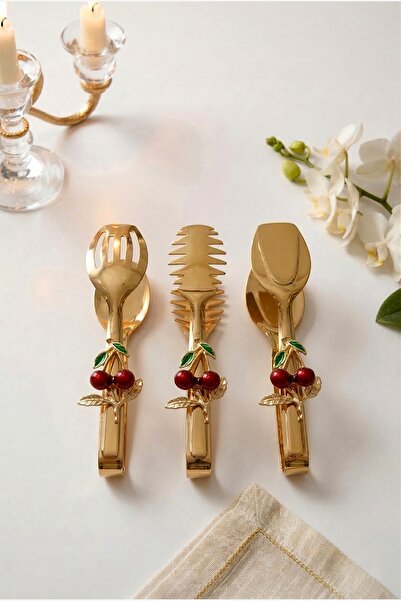 PORLİSMA Sapphire Gold Cherry Figured 3-Piece Serving Tongs Set