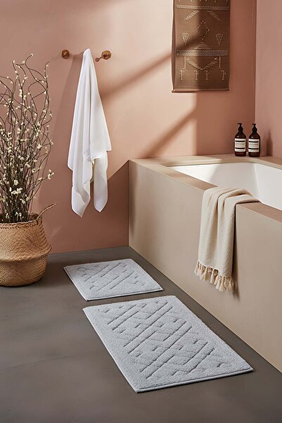 Rivaİstanbul Geometric Patterned 2-Piece Bathroom & Toilet Mat Set of Cotton