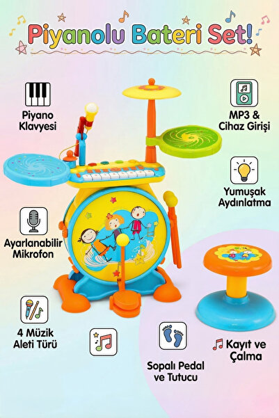 craftivio Işıklı Piyanolu Bateri Seti - Mikrofonlu, Tabureli ve MP3 Bağlantıl...