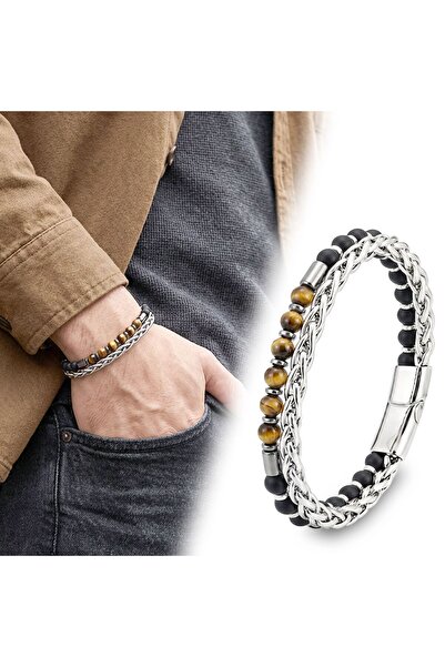 FM 💎   Premium Steel Chain Tiger's Eye and Matte Onyx-Hematite Bracelet 3183...