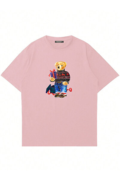 Mad&Calf Tricou unisex de Crăciun cu ursuleț cu imprimeu guler rotund supradi...