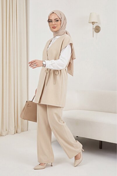 HİJABAYA Düğme Detaylı çift Bağcıklı Yelek Pantolon Double Krep Takım