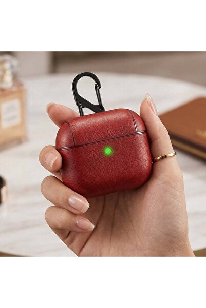 CaseOnn أبل إيربودز 3. حافظة نيسيل كلاسيك فاخرة مظهر جلدي باللون الأحمر مع خطاف