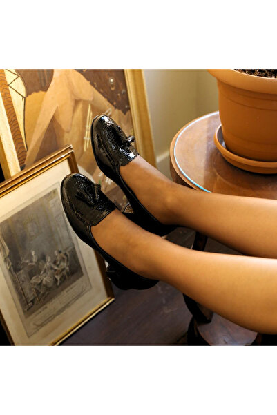 Platin Black Patent Leather Tasseled Women's Heeled Shoes