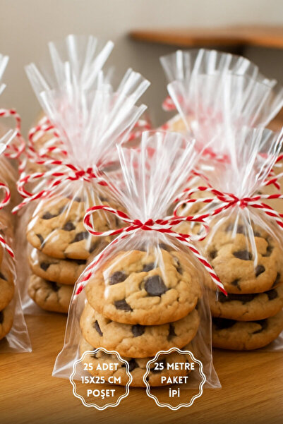 Bimotif 25li Paket İpli Hediye Poşet Seti (25 adet Şeffaf Poşet 15x25 cm ve 2...