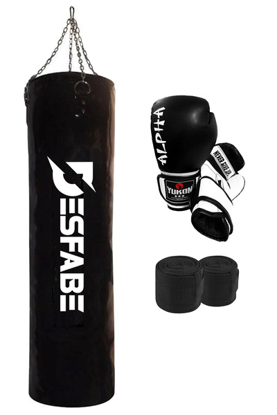 desfabe Boxing Star 120x32 Cm Zincirli Boks Kum Torbası Siyah+Boks Eldiveni+E...