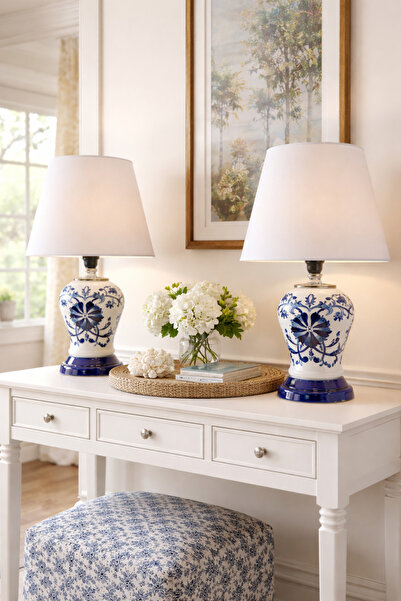 ferayhome Abajur Aydınlatma Aplik 2 li Şah Mavi Çiçekli GÜMÜŞ - Feray Home