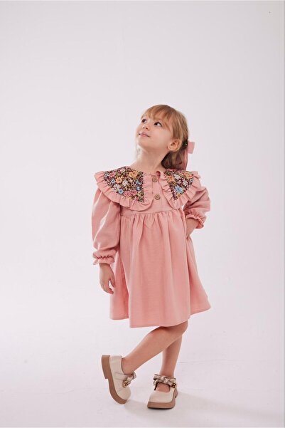 Polente Kız Çocuk Çiçekli Bebe Yaka Detaylı Elbise