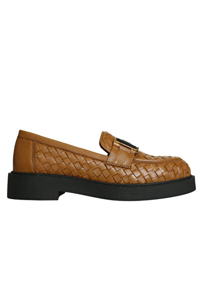 Platin Taba Leather Braided Women's Buckled Loafers