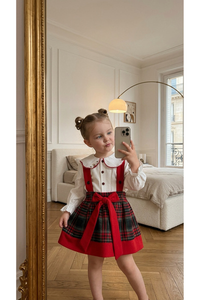 ASİLA Baby Girl Holiday Set Plaid Skirt and Embroidered Shirt Set