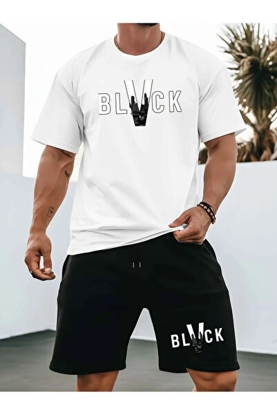 puolikuu Men's Oversized Tracksuit with Shorts - Black Printed T-Shirt - Shorts