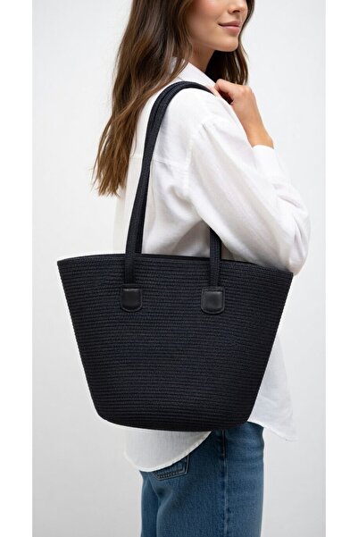 Mollycrush Γυναικείο Μαύρο Ψάθινο Πλεκτό Τσάντα ώμου |   Παραλία και Καθημερι...