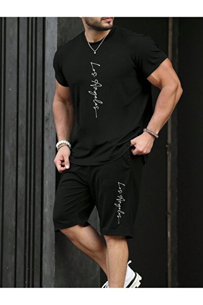 puolikuu Men's Oversized Tracksuit with Shorts - Losaşağı Printed T-Shirt - S...