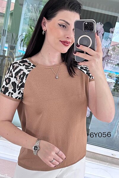 İnce Topuk Λεοπάρ Διακοσμημένη Μπλούζα Πλεκτή Μερσεριζέ 6y056