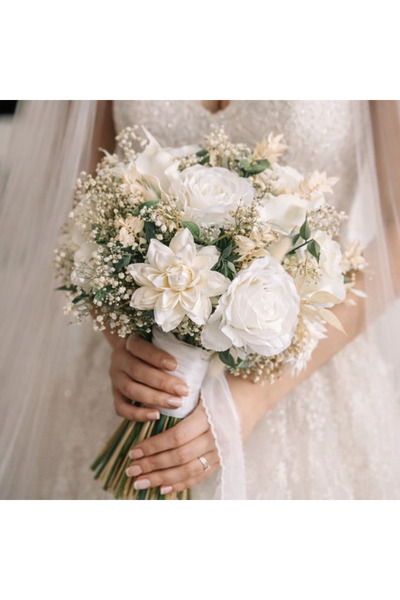PIRILTI Zarif Beyaz Gül Gelin Buketi