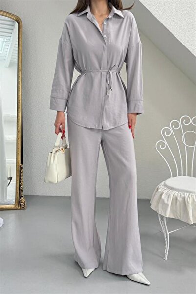 Neşeli Butik Women's Gray Shirt Collar Lacing Detailed Double Set Nbg125