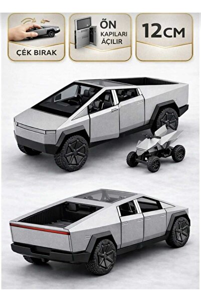 Aksoy Toys Tesla Cybertruck ATV’li Model Araba Çek-Bırak 12 cm Açılır Kapılı Gri