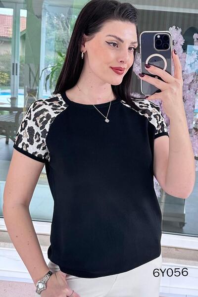 İnce Topuk Leopard Paneled Mercerized Knitwear Blouse 6Y056