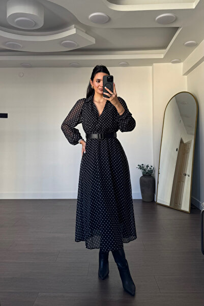 Grtrend Kruvaze Yaka Puantiyeli Elbise-Siyah