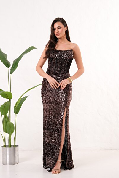 Mezure Boncuk İşlemeli Payetli Abiye Elbise