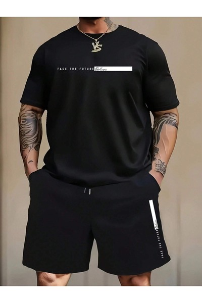 puolikuu Men's Oversized Tracksuit with Shorts - Face the Printed T-Shirt - S...