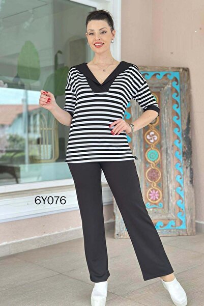 İnce Topuk Striped Polo Yaka Viscose Set 6Y076