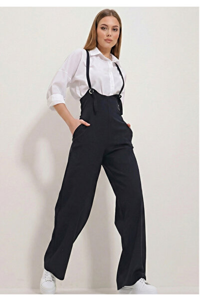 Little Visqon Kadın Siyah Likralı Double Krep Cepli Askılı Salopet Tulum