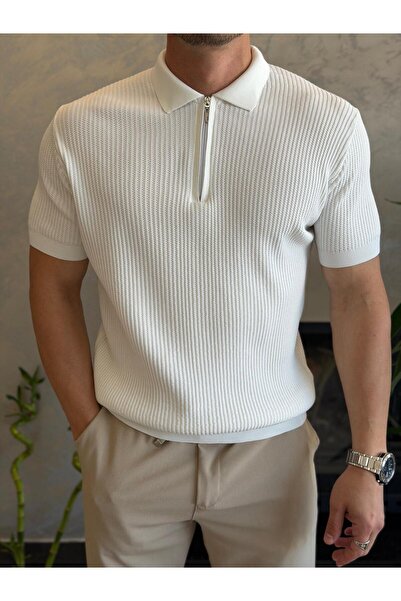 ECARTS Men's Regular Fit Textured Zipper Tshirt White Eca067