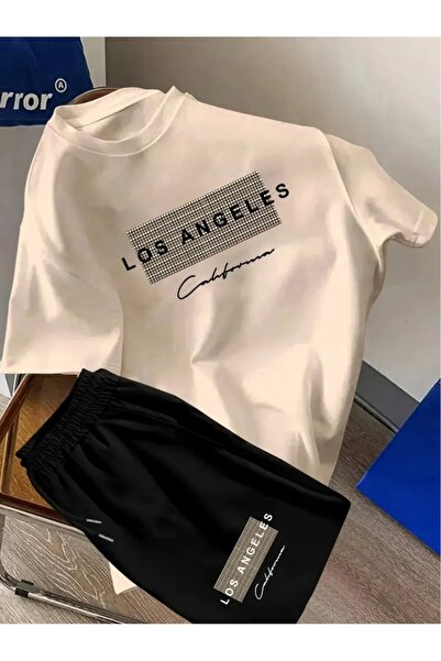 puolikuu Men's Oversized Tracksuit with Shorts - Losang Printed T-Shirt - Shorts