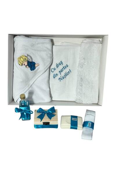 Your Baby Store Trusou botez ingeras brodat - turcoaz, 7 piese, bumbac