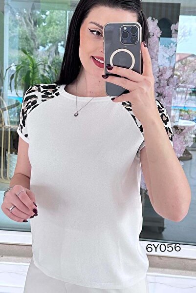 İnce Topuk Leopard Paneled Mercerized Knitwear Blouse 6Y056