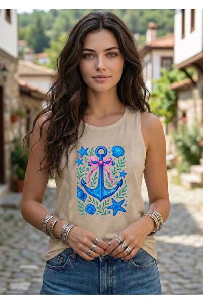 SUNFREE Sea Shell Anchor B Printed Sleeveless Women's Summer U-Neck Strap Tan...