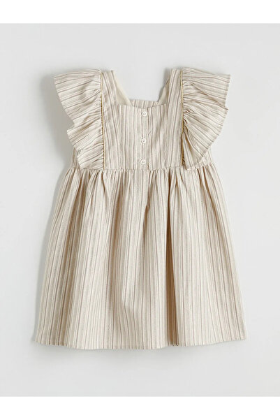 LC Waikiki Lcw Kids Gray Square Collar Striped Ruffle Girls Dobby Dress