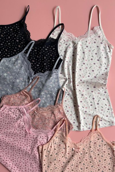 VicTroy Printed with Bows, 6-Pack, Lace Pack with Rope Straps, Cotton Pack with Stretch Fabric Tank Tops
