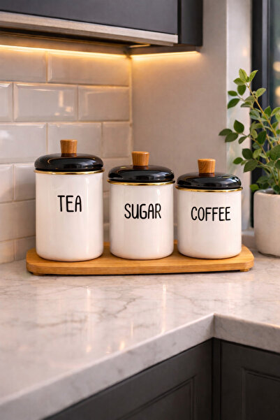 MİS KİTCHEN Emaye Baharatlık Seti 3’lü Gold Detaylı Bambu Tutuculu Siyah Kapa...