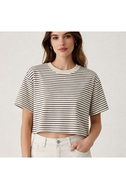 Lotus Kadın Çizgili Tişört Oversize Basic Kısa Kollu T-Shirt