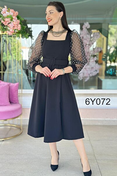 İnce Topuk Sleeves Tulle Detail Crepe Dress 6Y072