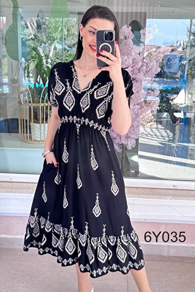 İnce Topuk V Yaka Beli Lastikli Viskon Elbise 6y035