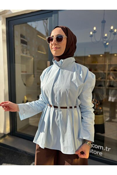 Babil Butik 2601-3019 Women's Tunic with Waist Detail Blue