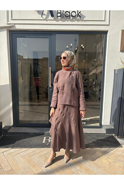 Babil Butik 2601-3045 Stitched Detail Women's Suit Brown