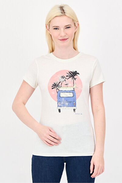 Mountain And Isles Women Crew Neck Short Sleeve Graphic Print T-Shirt, Cream