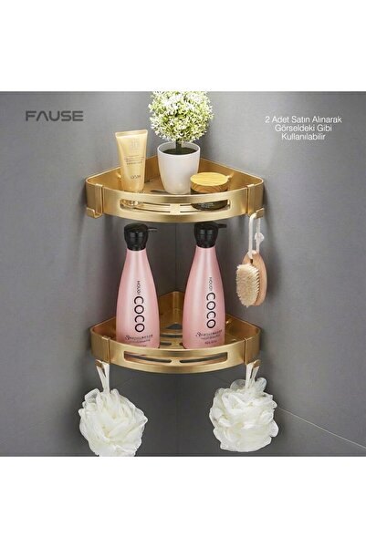 Fause Banyo Köşe Rafı 304 Paslanmaz Çelik Şampuanlık Yapışkanlı veya Vidalı 23x23 cm Mat Altın KBK100-BG