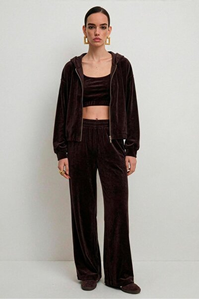 Ecenin Favorileri Acı Kahve Velvet Triple Women's Sweatshirt Tracksuit Set