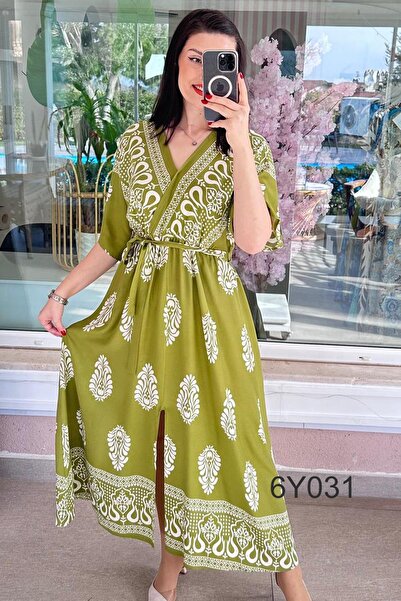 İnce Topuk Φόρεμα βισκόζης με λαιμόκοψη V και δέσιμο στη μέση 6y031