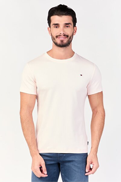 Tommy Hilfiger Men Crew Neck Short Sleeve Embroidered Logo T-Shirt, Light Pink