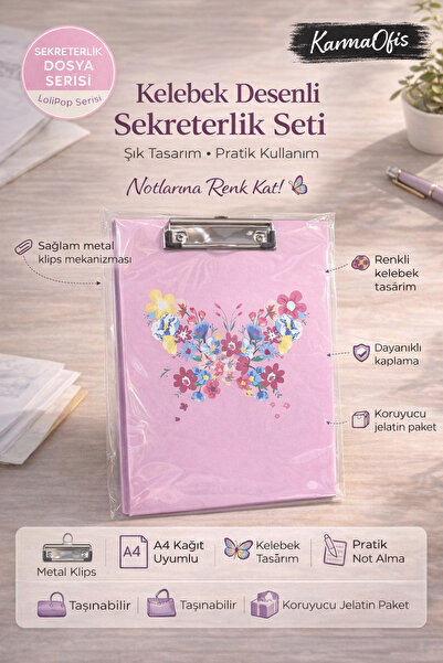 KarmaOfis Kelebek Desenli Sekreterlik Seti Metal Klipsli A4 Uyumlu Not Tutma ...