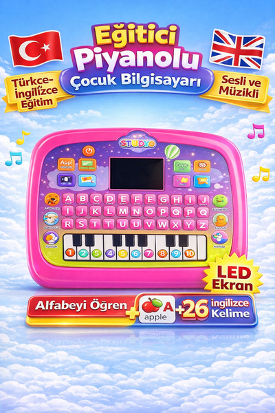 YILDIRIM OYUNCAK Türkçe İngilizce Eğitici Piyanolu Çocuk Bilgisayarı LED Ekra...